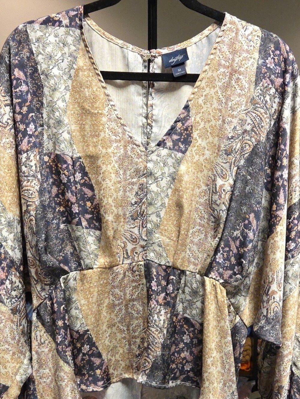 Daytrip Patchwork Paisley V-Neck Blouse - Cream, Purple & Gold